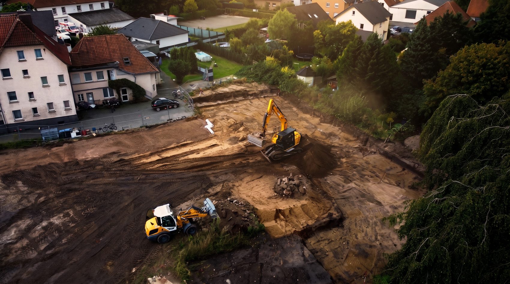 Baustelle aus der Luft mit Bagger und Walze