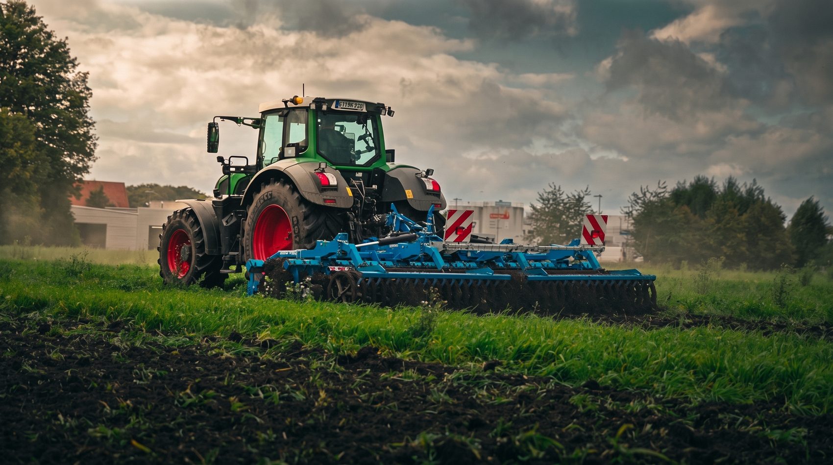 Traktor mit Anbaugerät auf Grünland
