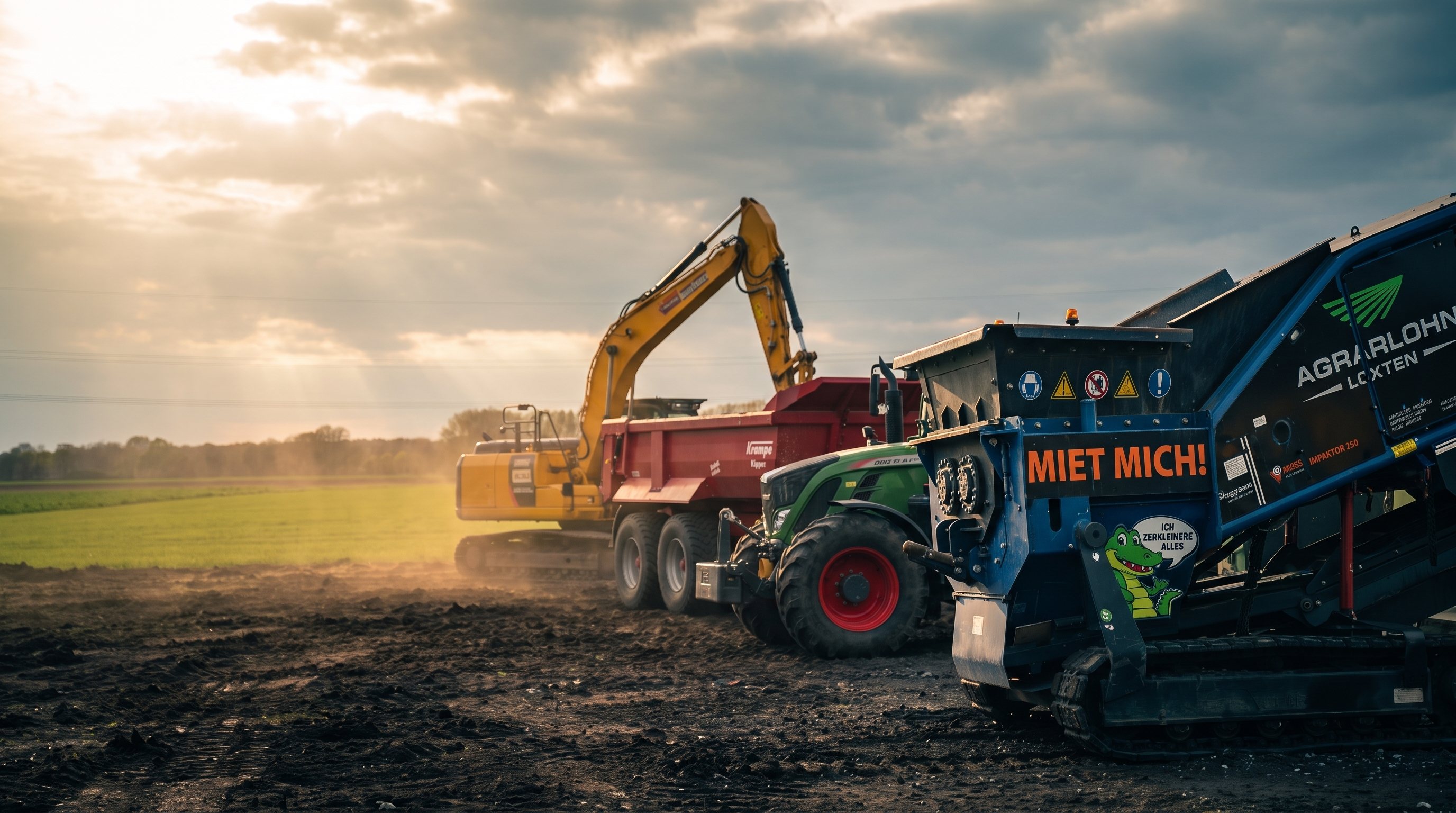Bagger, Fendt-Traktor mit Krampe-Muldenkipper und Impaktor 250 Brecher am Feldrand