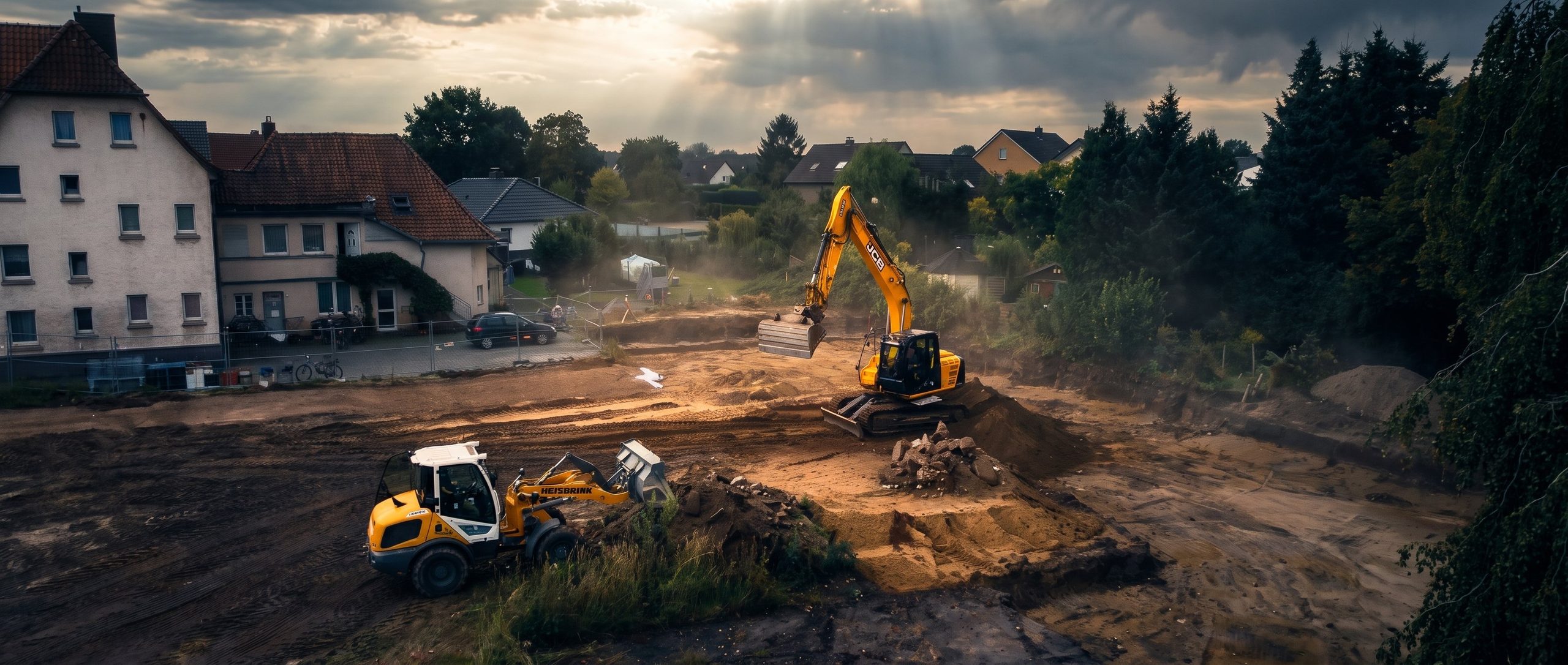Drohnenaufnahme einer Erdbaustelle im Wohngebiet mit Bagger und Radlader