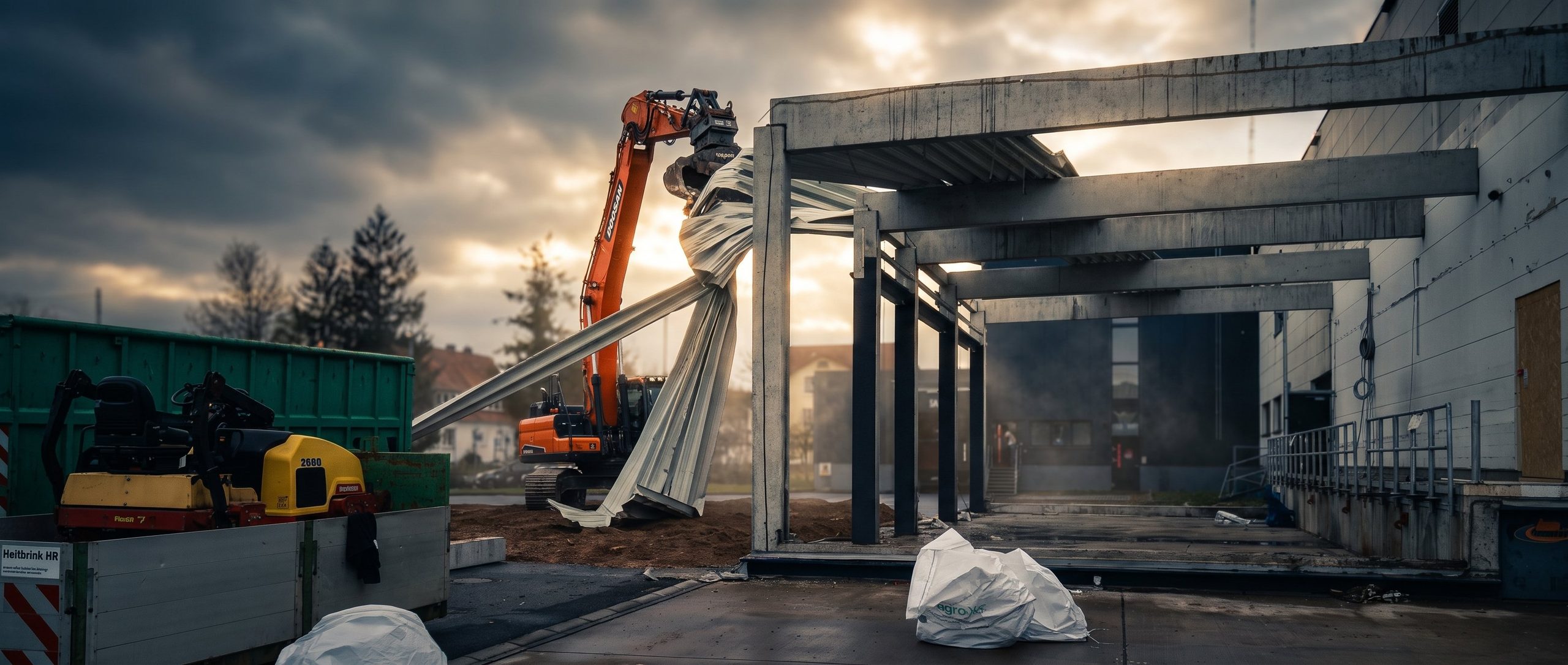 Bagger zerlegt eine Stahlkonstruktion beim Rückbau