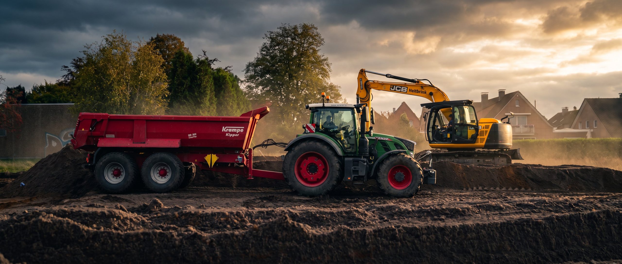 Fendt-Traktor mit Muldenkipper und Bagger auf der Erdbaustelle